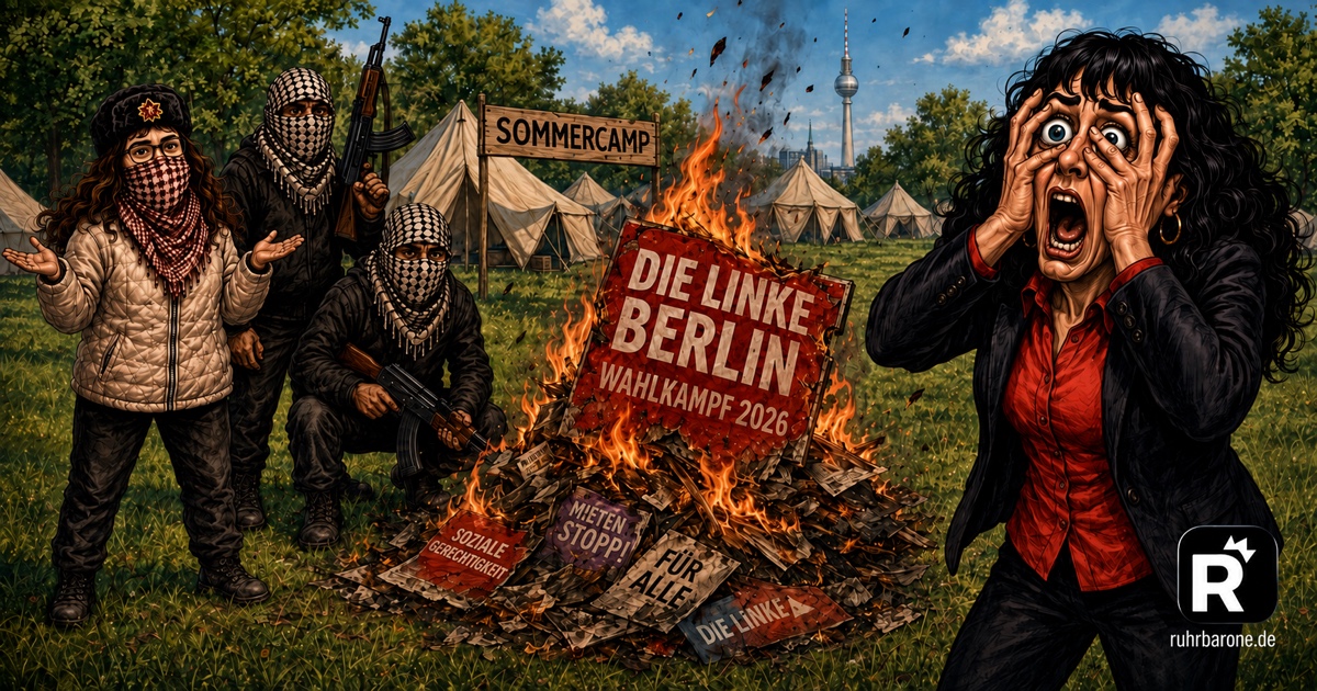 Satirische Zeichnung: Elif Eralp verzweifelt vor brennendem Wahlkampfmaterial auf einer grünen Wiese; links Hannah Bruns und zwei fiktive bewaffnete Figuren, dahinter ein Sommercamp.
