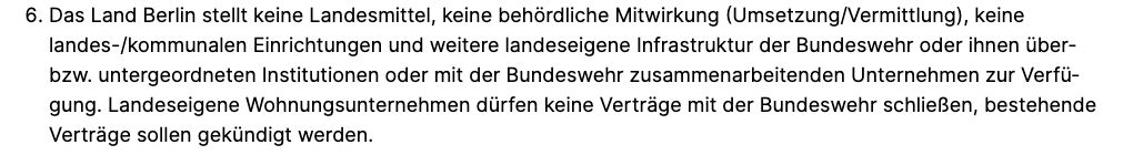Screenshot von Punkt 6 des Linken-Beschlusses: Verträge landeseigener Wohnungsunternehmen mit der Bundeswehr sollen gekündigt werden