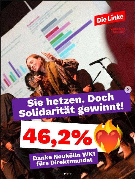 Vedi Emde feiert das Direktmandat mit 46,2 Prozent und der Botschaft: Sie hetzen. Doch Solidarität gewinnt!
