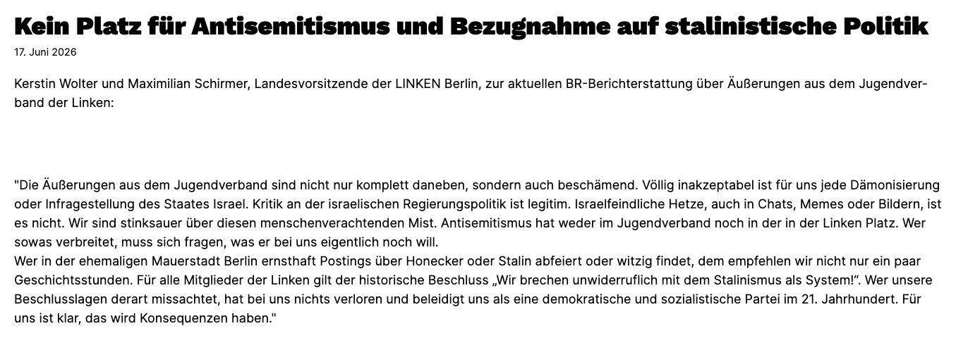 Screenshot der Erklärung der Berliner Linken vom 17. Juni 2026 mit der Ankündigung von Konsequenzen.