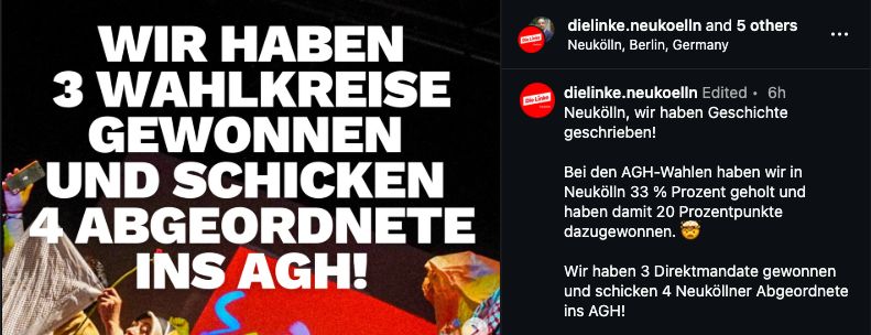 Breiter Ausschnitt aus dem Instagram-Ergebnispost der Linken Neukölln: drei gewonnene Wahlkreise und vier Abgeordnete im Abgeordnetenhaus.