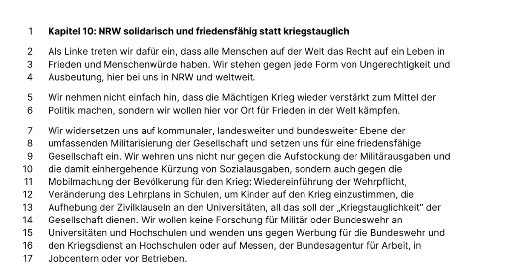 Auszug aus dem NRW-Wahlprogramm der Linken: Kapitel gegen Kriegstauglichkeit