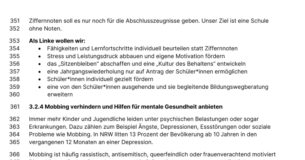 Auszug aus dem NRW-Wahlprogramm der Linken: Ziffernnoten und Sitzenbleiben abschaffen