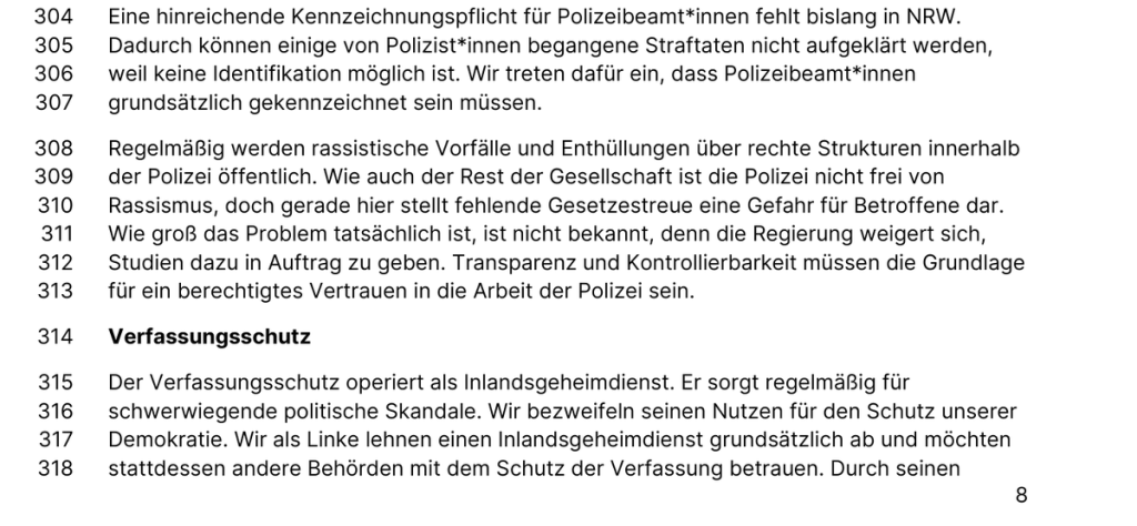 Auszug aus dem NRW-Wahlprogramm der Linken: Verfassungsschutz als Inlandsgeheimdienst