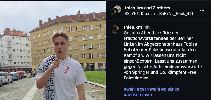 Ausschnitt aus dem Instagram-Reel von thies.km und der Beschreibung mit einem Vorwurf gegen Tobias Schulze.