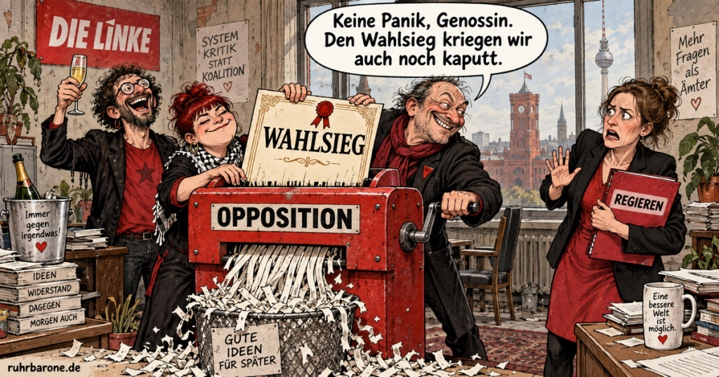 Satirische Karikatur: Fiktive Linke-Genossen schreddern eine Urkunde mit der Aufschrift Wahlsieg, während eine Politikerin eine Mappe Regieren hält.