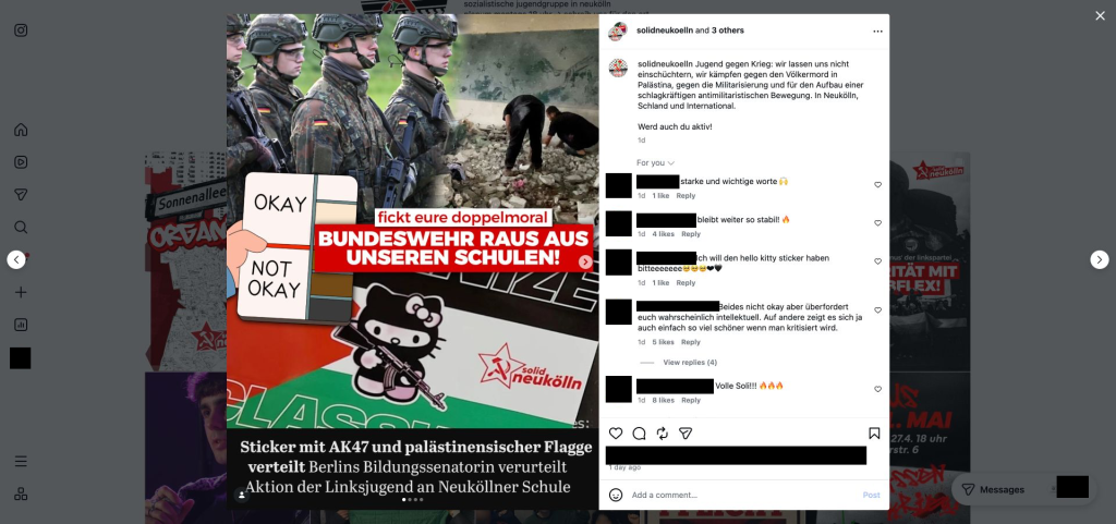 Instagram-Beitrag der Linksjugend Neukölln vom 7. September 2026 mit Doppelmoral-Parole und bewaffneter Katze; Kommentatoren anonymisiert.