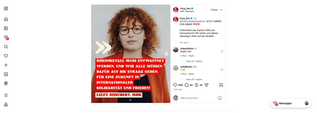 Instagram-Beitrag der Linken-Bundestagsabgeordneten Lizzy Schubert mit der Forderung: Rheinmetall muss entwaffnet werden.