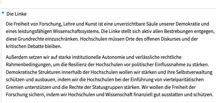 Screenshot: Antwort der Linken zur Wissenschaftsfreiheit und zur institutionellen Autonomie in den Berliner Hochschul-Wahlprüfsteinen 2026.
