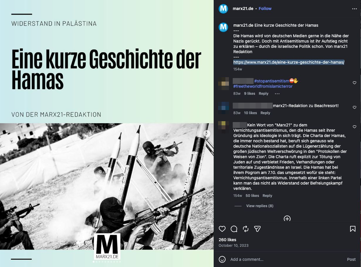 Instagram-Beitrag von marx21 vom 10. Oktober 2023 zur Geschichte der Hamas, daneben Begleittext und Leserkommentare