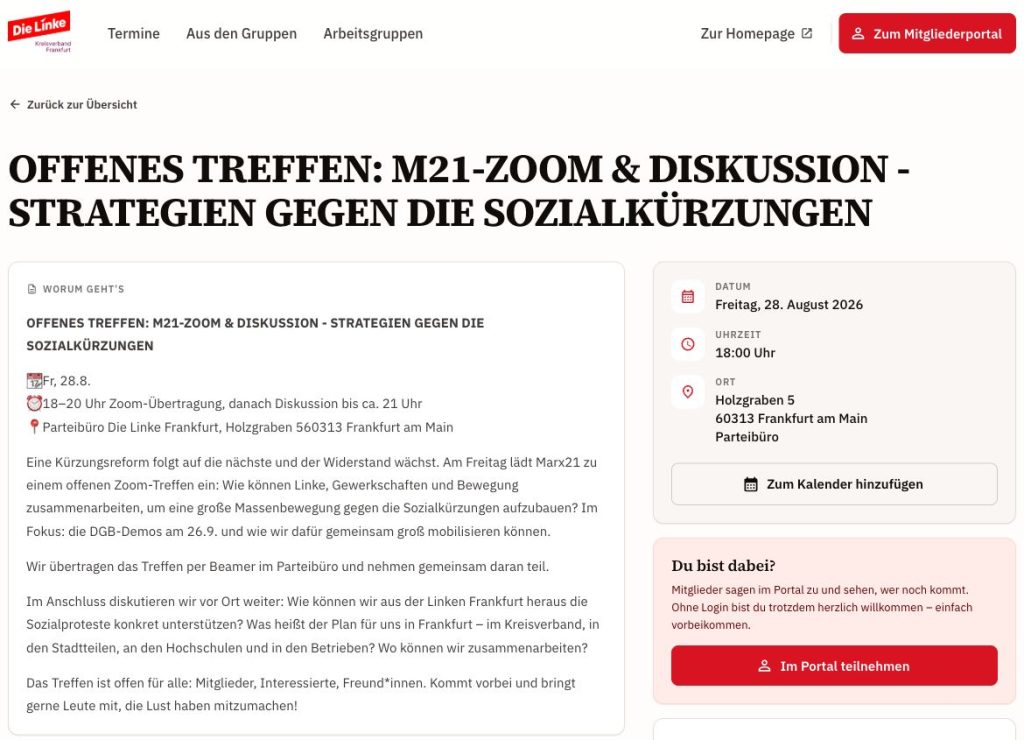 Offizielle Einladung der Linken Frankfurt zu einem marx21-Zoomtreffen im Parteibüro am 28. August 2026