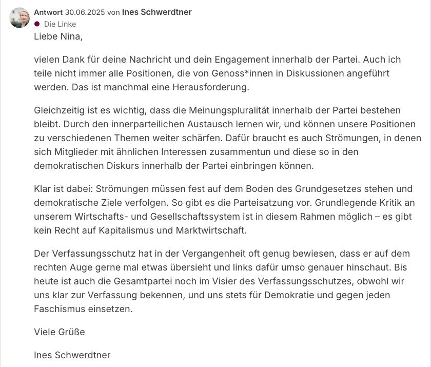 Ines Schwerdtners Antwort vom 30. Juni 2025 auf die Frage nach einer Distanzierung von marx21, KPF und AKL