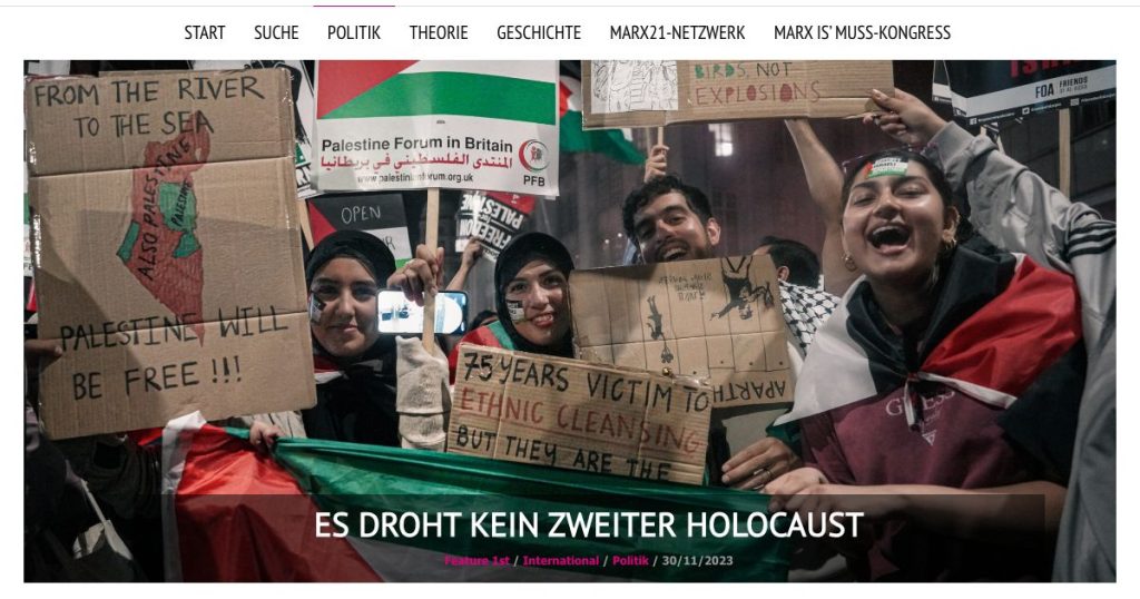 marx21-Seitenkopf vom 30. November 2023: Es droht kein zweiter Holocaust, über einem Demonstrationsfoto mit From the River to the Sea-Plakat