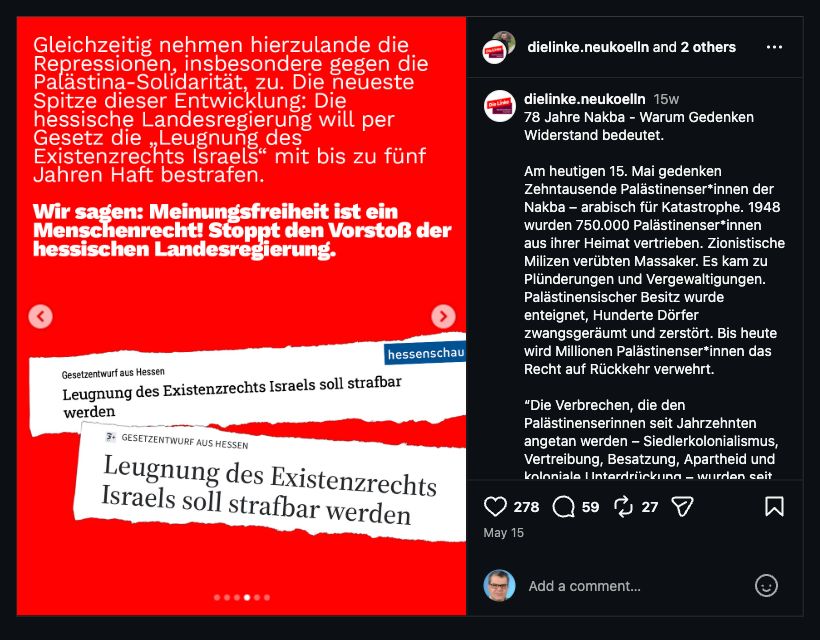 Instagram-Beitrag der Linken Neukölln gegen den hessischen Vorstoß, die Leugnung des Existenzrechts Israels unter Strafe zu stellen.