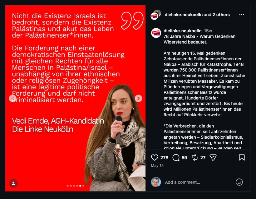 Instagram-Beitrag der Linken Neukölln mit einem Zitat von Vedi Emde zur Einstaatenlösung und zur Existenz Israels.