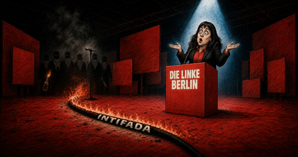 Karikatur von Elif Eralp vor dem Rednerpult der Linken Berlin; hinter einem Mikrofon stehen vermummte Gestalten, eine mit Molotowcocktail und eine mit Messer, während ein brennendes Kabel mit „INTIFADA“ über die Bühne führt.