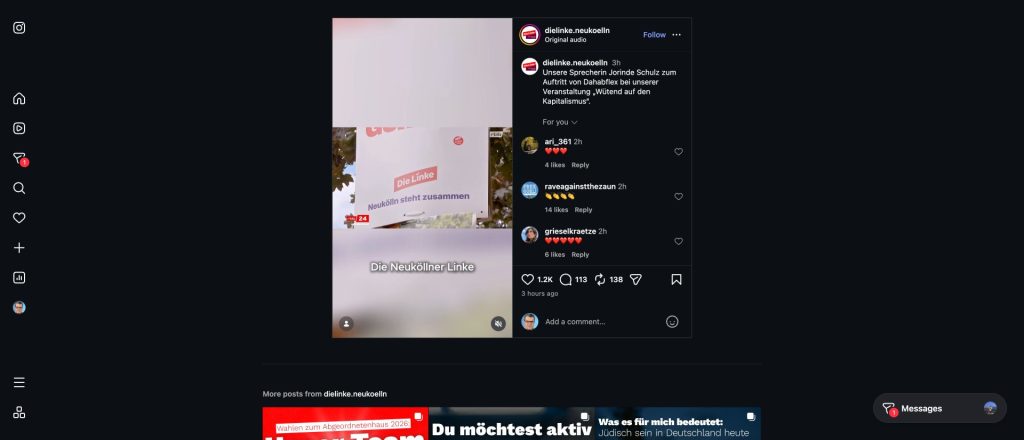Instagram-Beitrag der Linken Neukölln mit dem eingeblendeten Satz: Neukölln steht zusammen