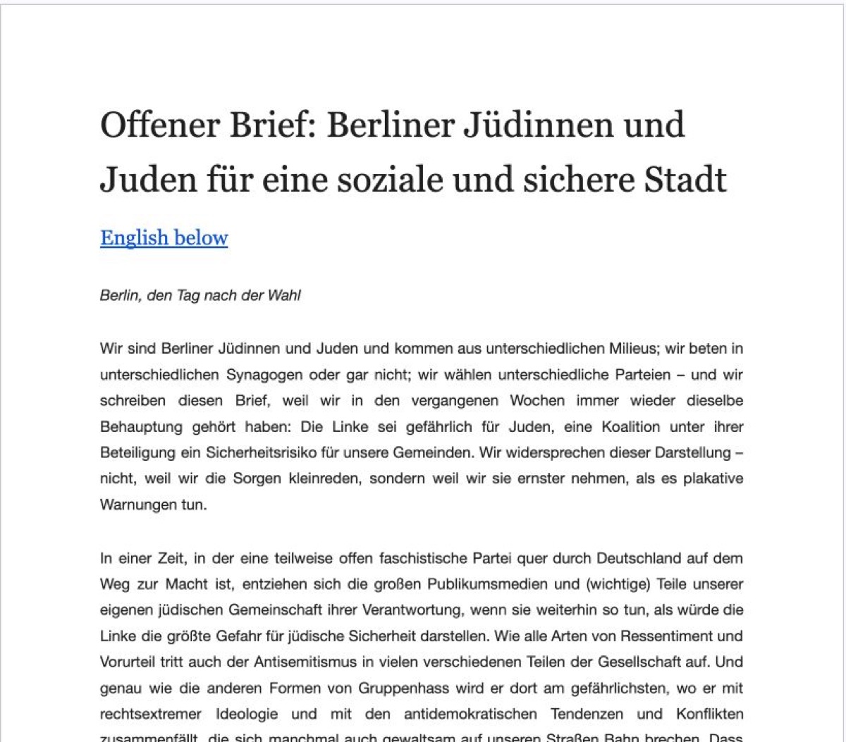 Ausschnitt aus dem offenen Brief Berliner Jüdinnen und Juden für eine soziale und sichere Stadt