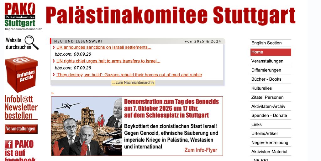 Website des Palästinakomitees Stuttgart mit dem Aufruf zur Demonstration am 7. Oktober 2026 um 17 Uhr auf dem Schlossplatz.