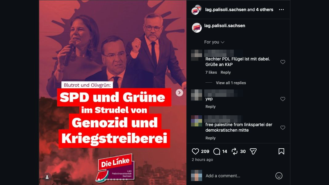 Screenshot der Titelfolie des gemeinsamen Instagram-Beitrags mit Angriffen auf SPD und Grüne. Private Kommentatorennamen und Profilbilder sind verpixelt.
