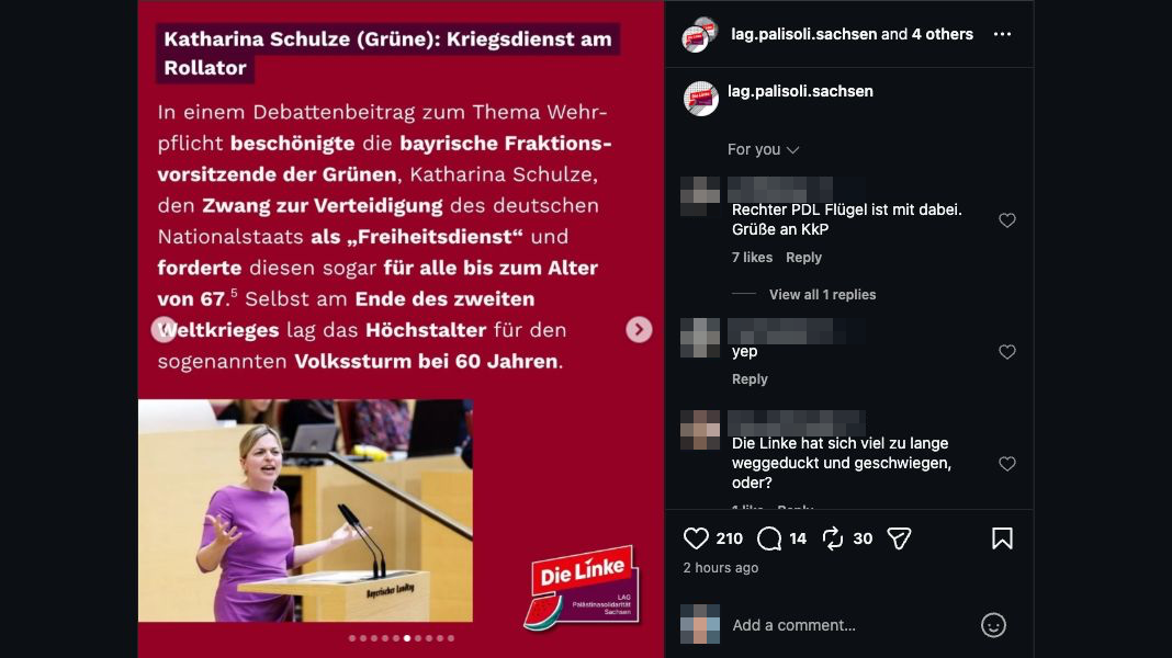 Screenshot von Folie sechs über Katharina Schulzes Dienstpflicht-Vorschlag. Die zivilen Dienstmöglichkeiten werden auf dieser Folie nicht genannt. Private Kommentatorennamen und Profilbilder verpixelt.