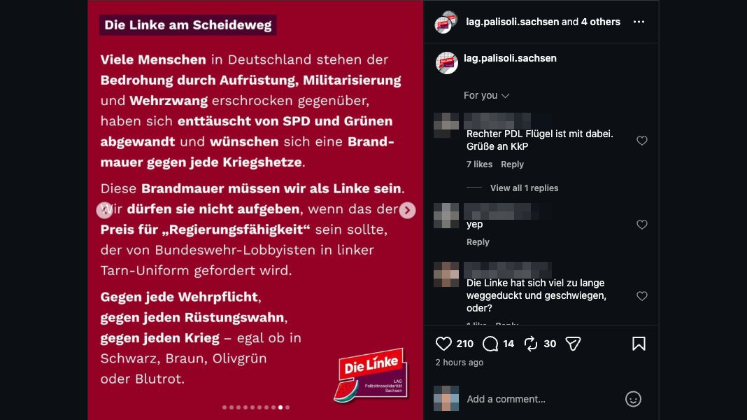 Screenshot von Folie neun: Warnung vor Zugeständnissen für die Regierungsfähigkeit der Linken. Private Kommentatorennamen und Profilbilder sind verpixelt.