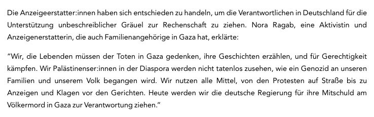 Nora Ragab wird in der Presseerklärung vom 23. Februar 2024 als Anzeigenerstatterin genannt und mit ihrer Forderung nach Verantwortung der deutschen Regierung zitiert.