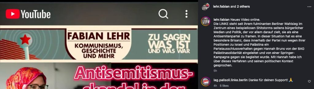 Ankündigung des Hannah-Bruns-Interviews durch Fabian Lehr gemeinsam mit BAG und Berliner Palästina-LAG.