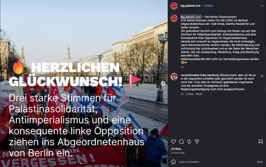 Die NRW-Palästina-LAG gratuliert drei Berliner Politikerinnen und wirbt für Opposition.
