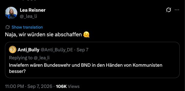 Lea Reisners Antwort auf die Frage nach Bundeswehr und BND: Naja, wir würden sie abschaffen.
