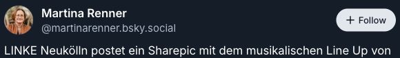 Konto und Beitragsanfang von Martina Renners Bluesky-Post zur Neuköllner Konzertwerbung.