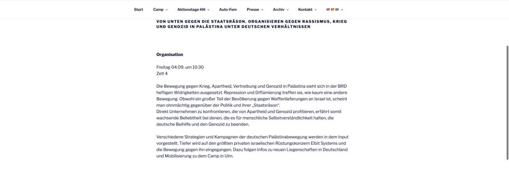 Camp-Workshop von Rheinmetall Entwaffnen zu Palästina, deutschen Waffenlieferungen an Israel und Elbit Systems.