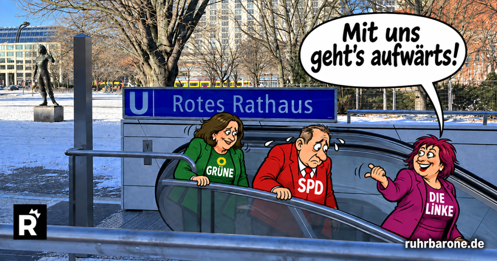 Karikatur: Die Linke führt SPD und Grüne am U-Bahnhof Rotes Rathaus die Rolltreppe hinunter und verspricht: Mit uns geht’s aufwärts!