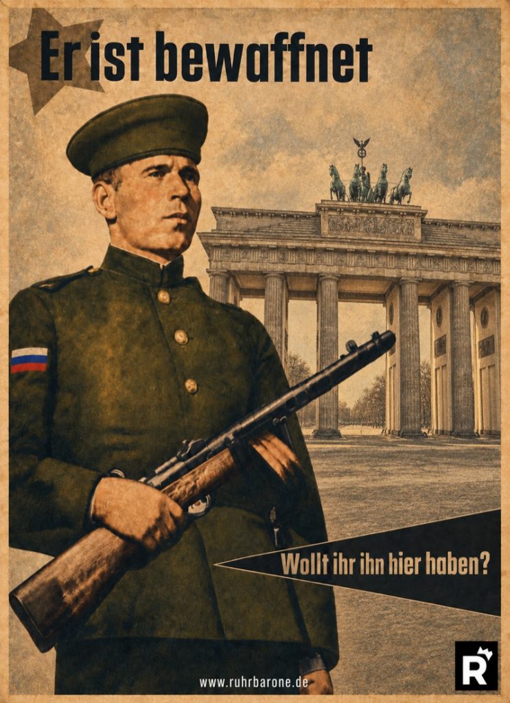 Plakatillustration im Stil der 1950er Jahre: Soldat mit Gewehr vor dem Brandenburger Tor und seiner Quadriga in Berlin. Russische Flagge am Ärmel, Mütze ohne Abzeichen, Ruhrbarone-Logo unten rechts.