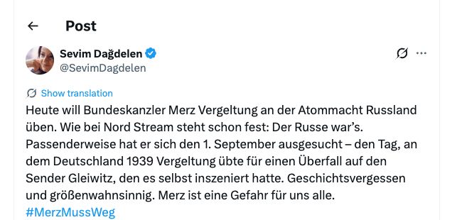 X-Beitrag von Sevim Dağdelen zum Russland-Verdacht und zum Sender Gleiwitz