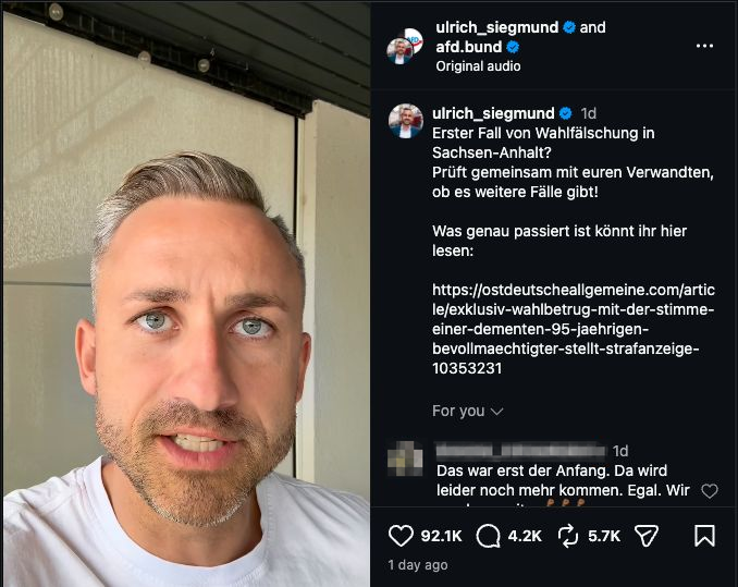 Instagram-Beitrag von Ulrich Siegmund und afd.bund vom 3. September 2026 mit der Frage „Erster Fall von Wahlfälschung in Sachsen-Anhalt?“; Name und Profilbild eines Kommentators sind verpixelt