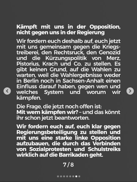 Linksjugend Neukölln fordert Kandidierende auf, sich gegen Regierungsbeteiligung zu stellen. Folie 7 des Instagram-Beitrags vom 6. September 2026.