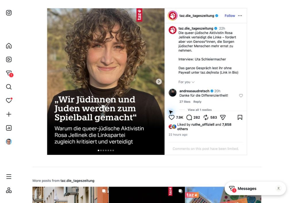 Rosa Jellinek im taz-Instagram-Beitrag zum Umgang der Linken mit Antisemitismus und Islamismus