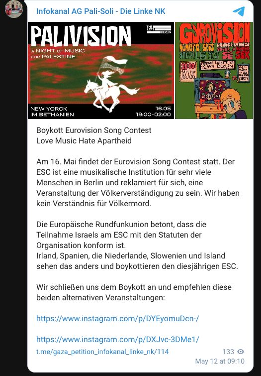 Screenshot: Palivision-Veranstaltungsplakat aus dem Telegram-Beitrag zum ESC-Boykott
