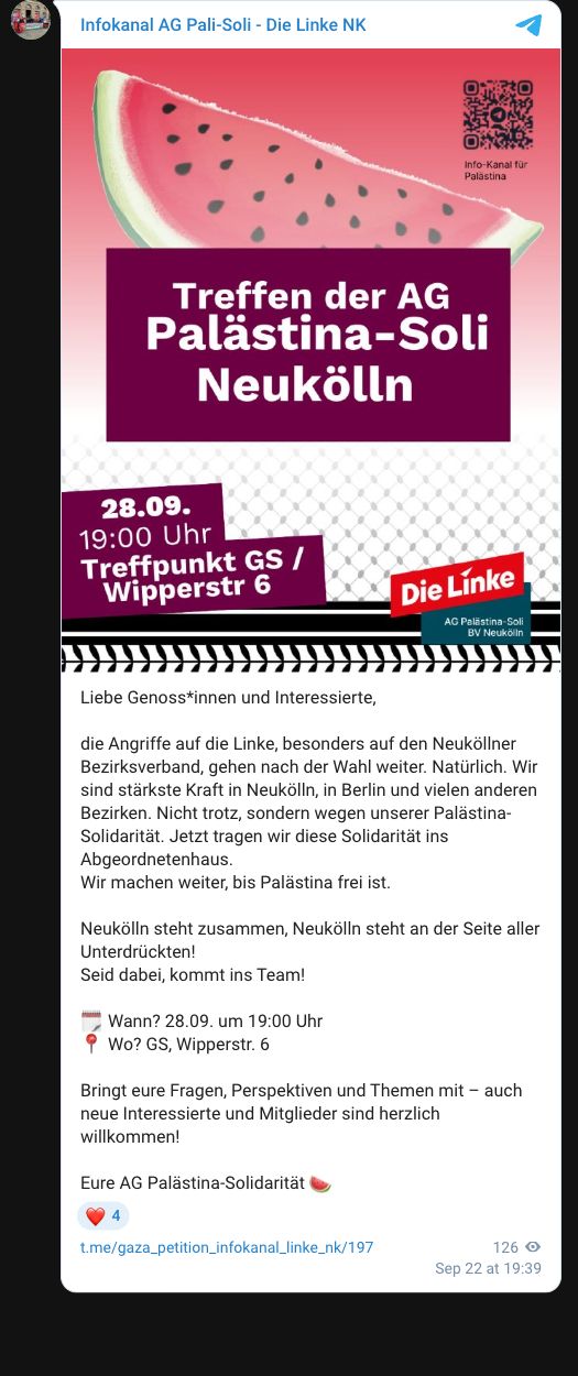 Screenshot: Telegram-Beitrag der AG Palästina-Solidarität der Linken Neukölln zum Berliner Wahlsieg