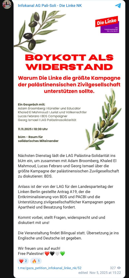 Screenshot: Telegram-Poster der LAG Palästina-Solidarität Berlin: Boykott als Widerstand