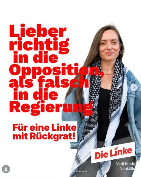 Vedi Emde mit dem Slogan „Lieber richtig in die Opposition, als falsch in die Regierung“. Instagram-Beitrag vom 10. September 2026.