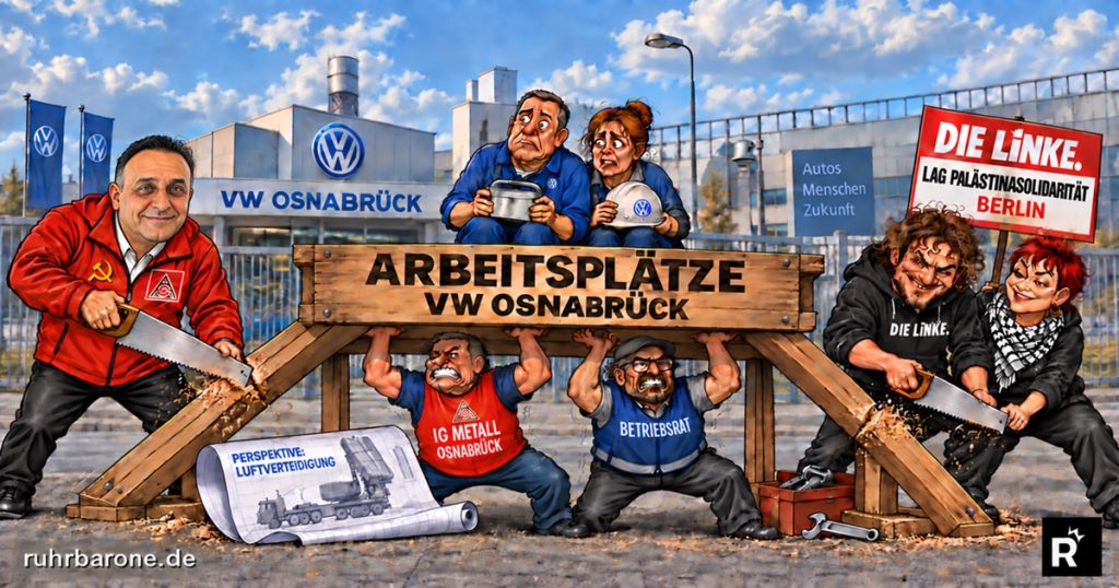 Karikatur: Mirze Edis und Berliner Linke-Aktivisten sägen an einer Plattform mit VW-Arbeitsplätzen, die IG Metall Osnabrück und Betriebsrat stützen.