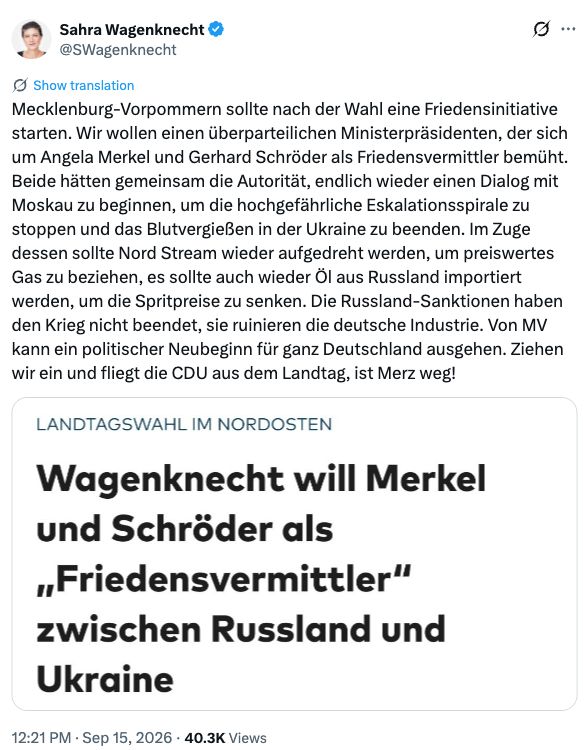 Wagenknechts X-Beitrag vom 15. September 2026 zu Merkel, Schröder, Nord Stream und Merz