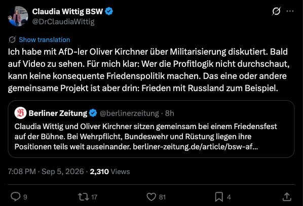 Claudia Wittigs X-Beitrag über ihr Gespräch mit Oliver Kirchner und mögliche gemeinsame Projekte.