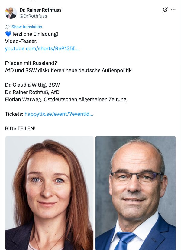 Rainer Rothfuß kündigt auf X das gemeinsame Podium mit Claudia Wittig an.