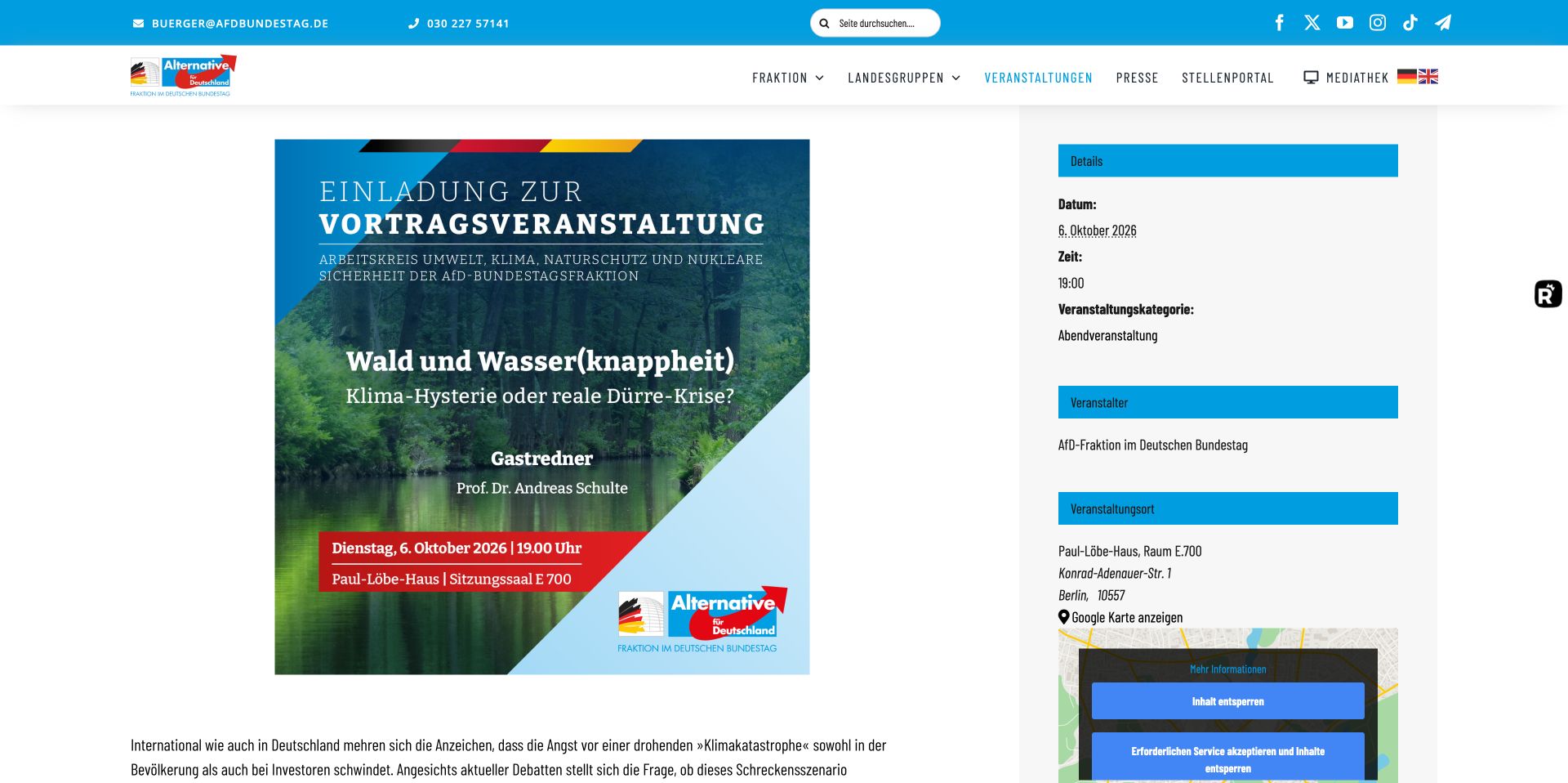 AfD-Veranstaltung zu Wald und Wasserknappheit am 6. Oktober 2026.