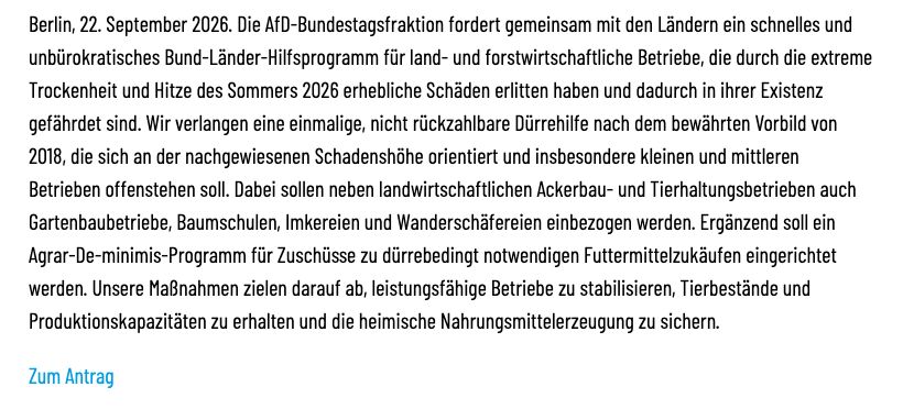 AfD-Mitteilung vom 22. September 2026 fordert Dürrehilfe.