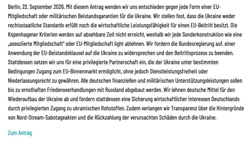 AfD-Mitteilung vom 22. September 2026 zu Ukrainehilfe und Rohstoffzugang.
