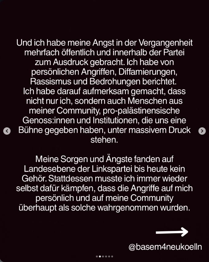 Basem Said kritisiert auf Instagram fehlendes Gehör für seine Sorgen auf Landesebene der Linkspartei.